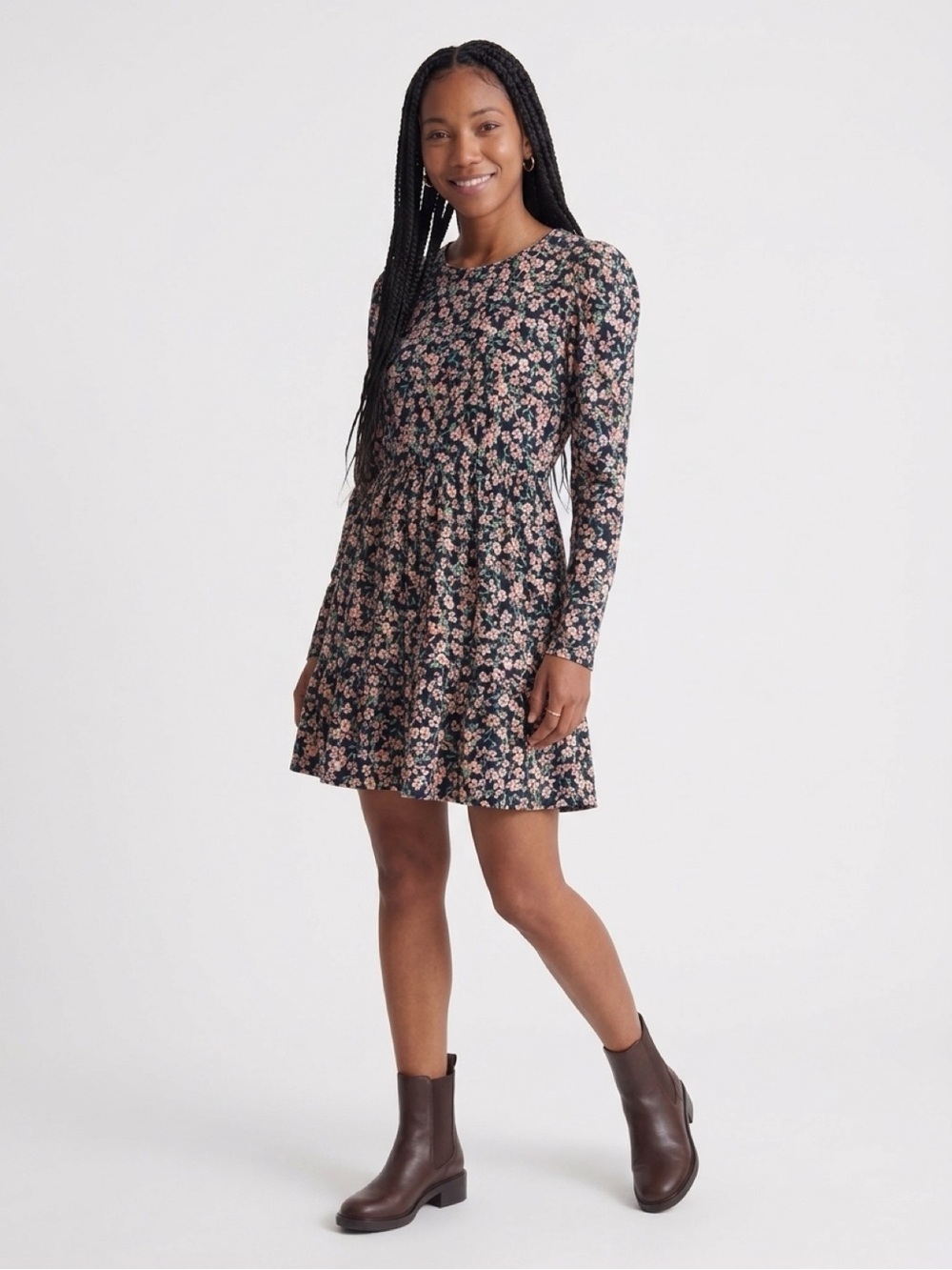 Floral Long-Sleeve Swing Dress in Black with Pink Print